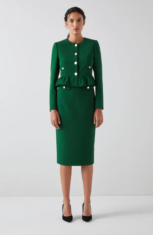 LK Bennett Folly Green Crepe Peplum Jacket Women Coats and Jackets