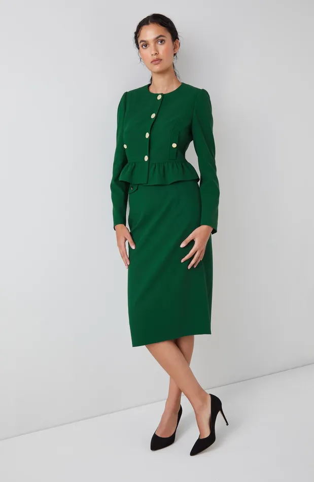LK Bennett Folly Green Crepe Peplum Jacket Women Coats and Jackets