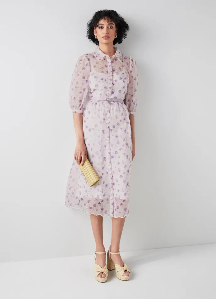 LK Bennett Frink White And Purple Weavers Print Silk Organza Dress Women Dresses