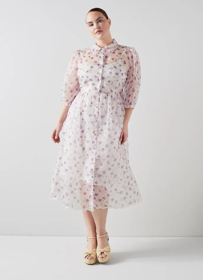 LK Bennett Frink White And Purple Weavers Print Silk Organza Dress Women Dresses