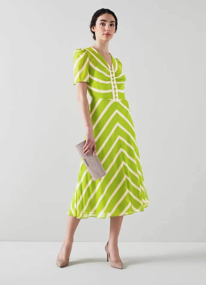 LK Bennett Holzer Green And Pink Chevron Stripe Silk Dress Women Dresses