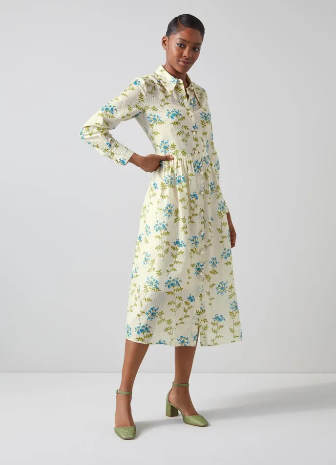 LK Bennett Lotte Valerian Floral Print Metallic CottonSilk Shirt Dress Women Dresses