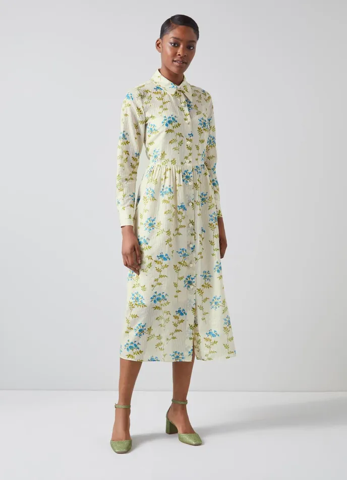 LK Bennett Lotte Valerian Floral Print Metallic CottonSilk Shirt Dress Women Dresses