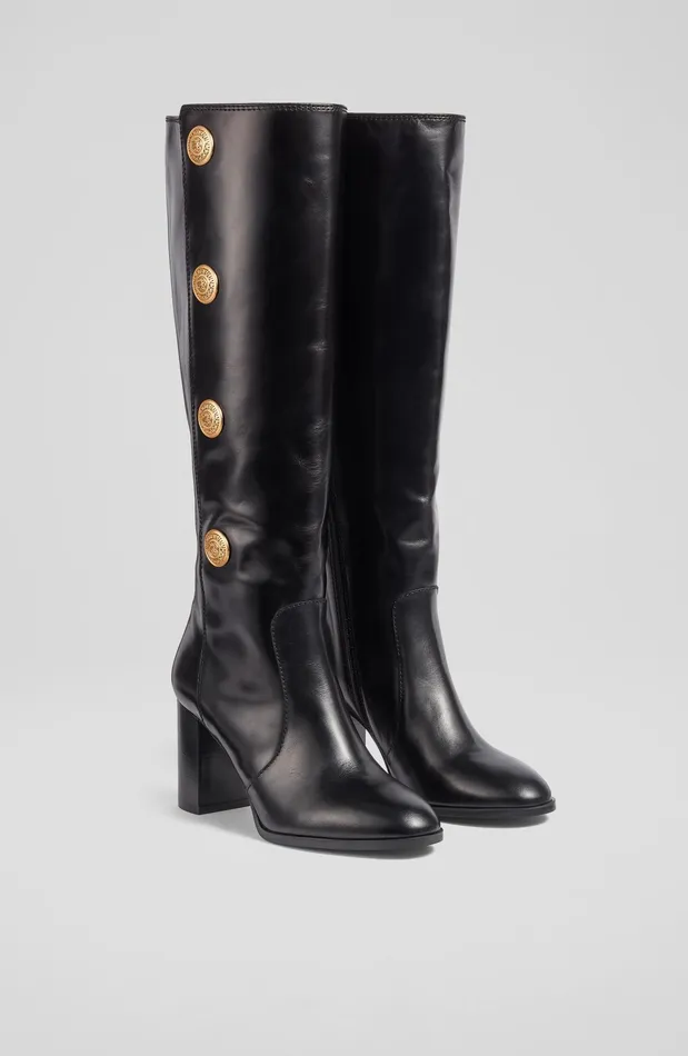 LK Bennett Marcella Black Leather Gold Coin KneeHigh Boots Women Boots