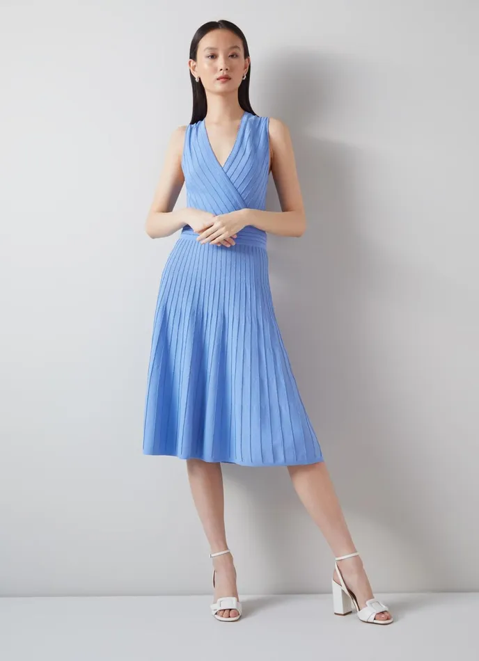 LK Bennett Mona Blue Metallic Thread RibKnit Dress Women Dresses