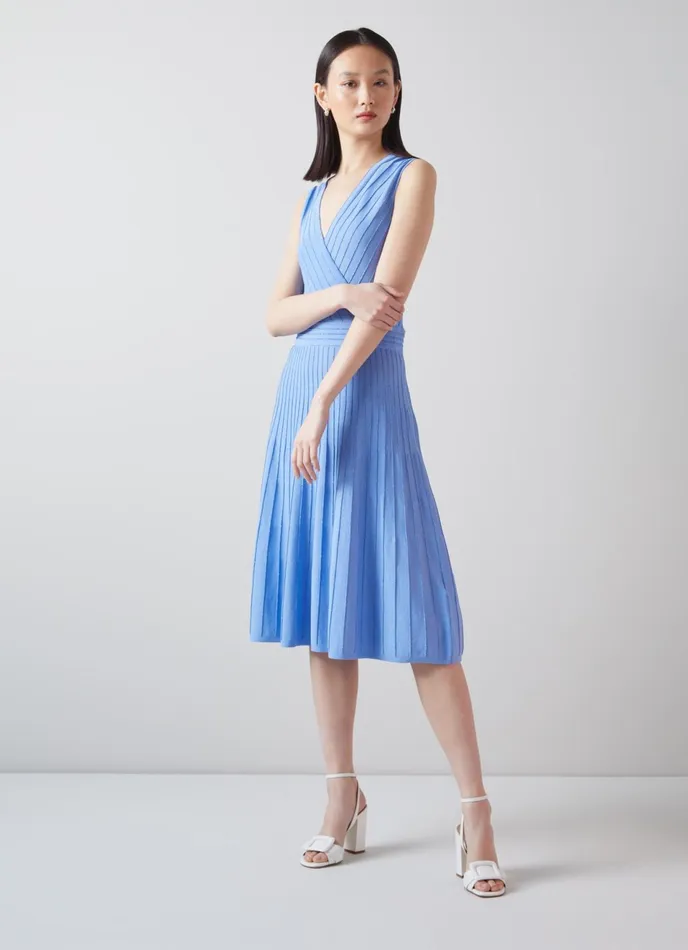 LK Bennett Mona Blue Metallic Thread RibKnit Dress Women Dresses