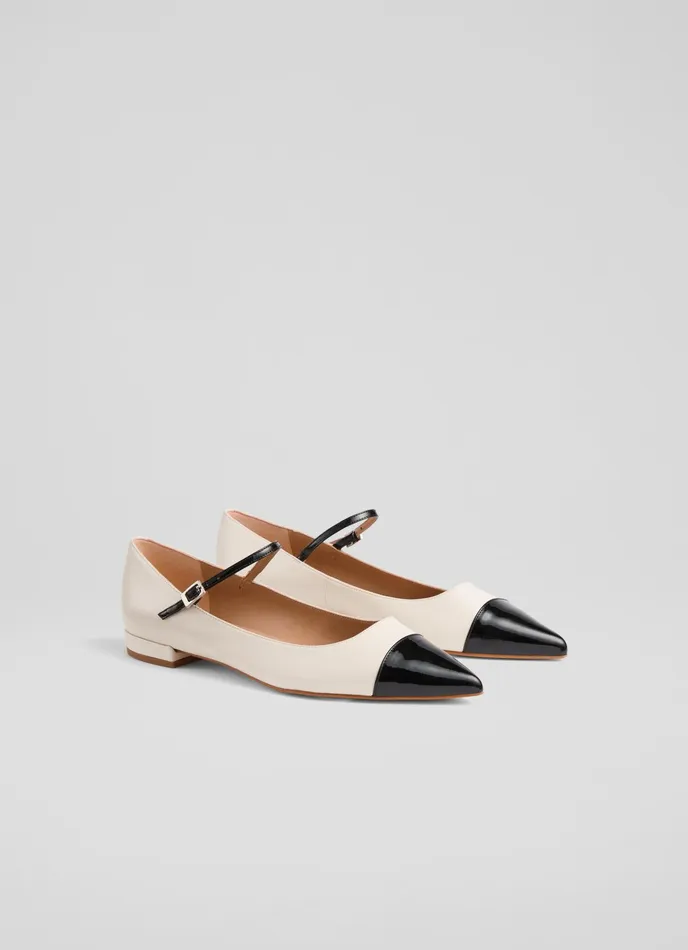 LK Bennett Monty Cream And Black Leather Mary Jane Pumps Women Flats