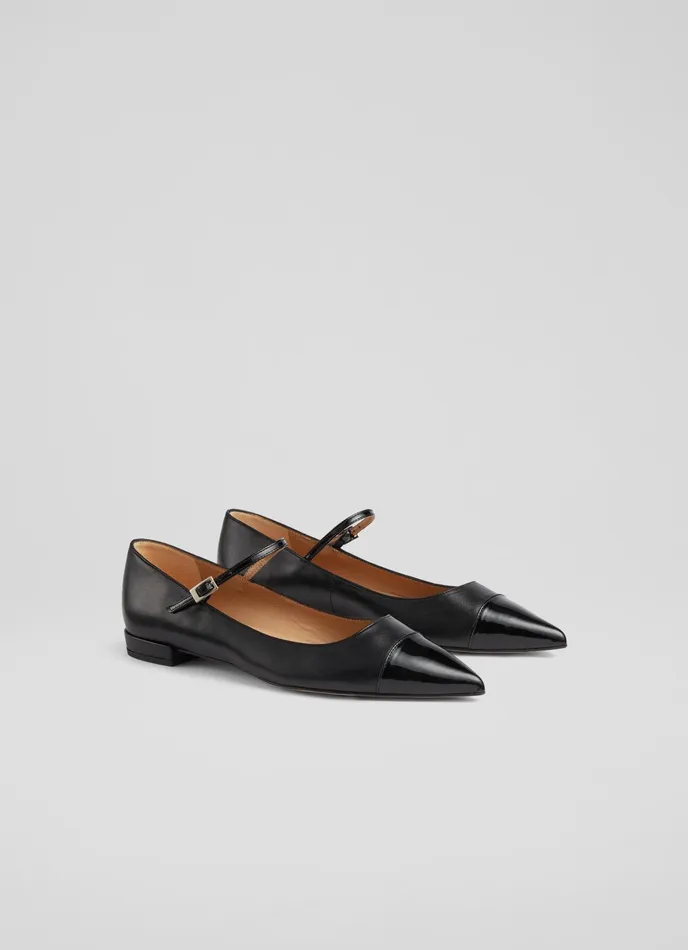 LK Bennett Monty Cream And Black Leather Mary Jane Pumps Women Flats