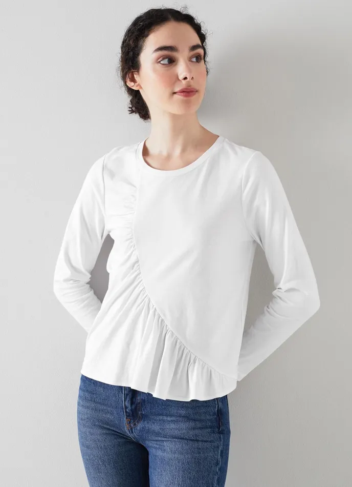 LK Bennett Nina White Cotton Jersey Asymmetric Top Women Tops