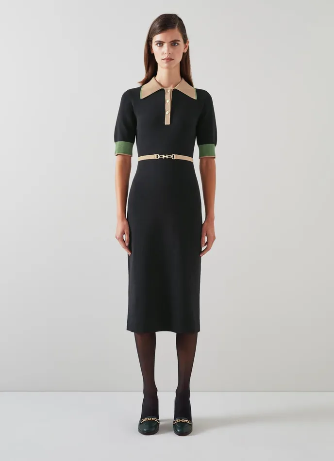 LK Bennett Rosey Black And Camel Belted Knit Dress Women Dresses