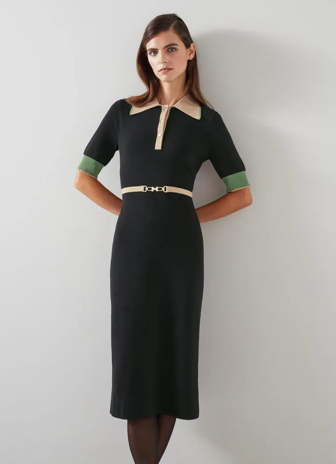 LK Bennett Rosey Black And Camel Belted Knit Dress Women Dresses
