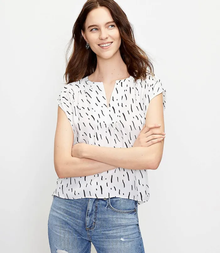 LOFT Brushstroke Split Neck Mixed Media Top Whisper White Women Tops