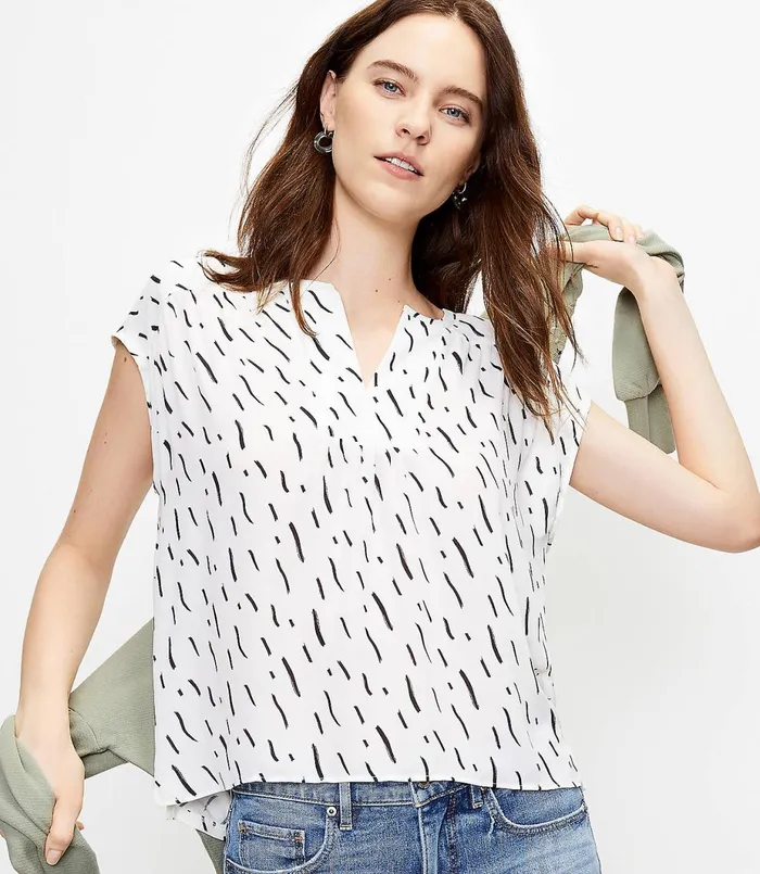 LOFT Brushstroke Split Neck Mixed Media Top Whisper White Women Tops