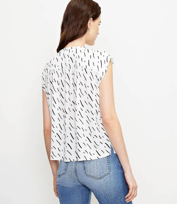 LOFT Brushstroke Split Neck Mixed Media Top Whisper White Women Tops