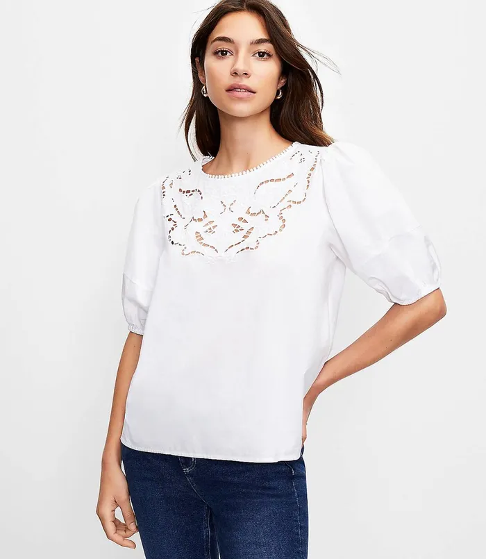 LOFT Cutout Embroidered Puff Sleeve Top White Women Tops