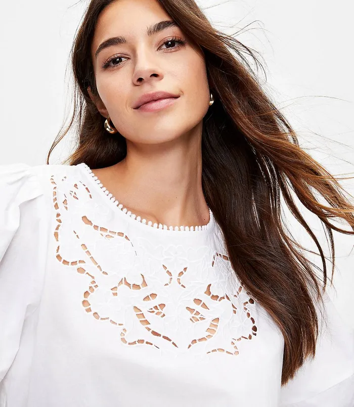 LOFT Cutout Embroidered Puff Sleeve Top White Women Tops