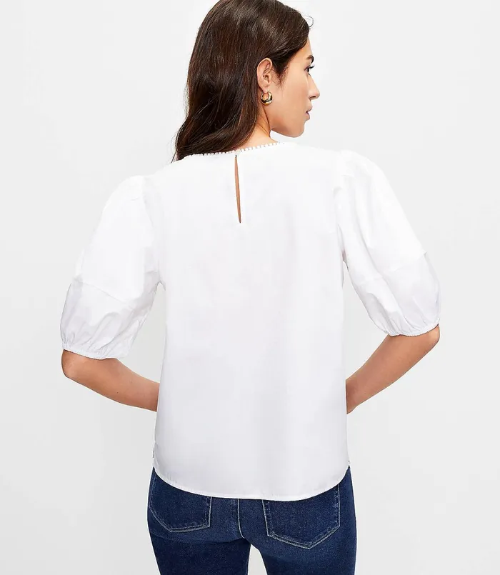 LOFT Cutout Embroidered Puff Sleeve Top White Women Tops