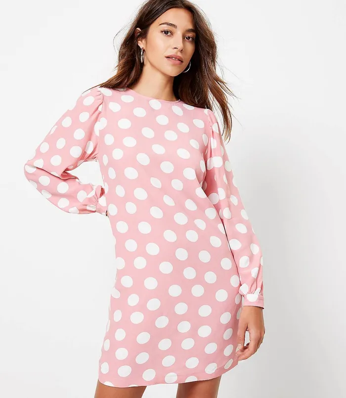 LOFT Dotted Balloon Sleeve Swing Dress Pale Tea Rose Women Swing Dresses