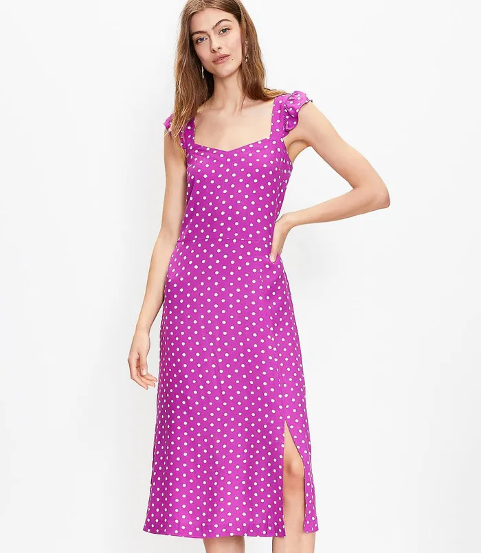 LOFT Dotted Ruffle Strap Pocket Midi Dress Deep Magenta Women Midi and Maxi