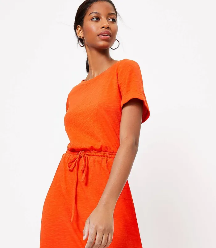 LOFT Drawstring Midi Tee Dress Flash Orange Women Swim and Beach