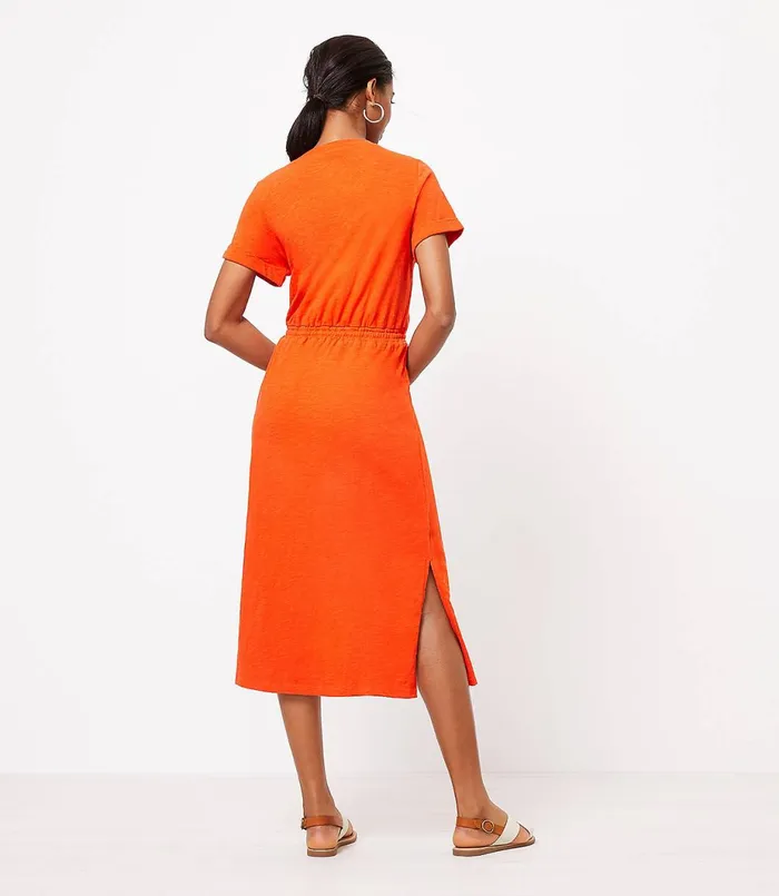 LOFT Drawstring Midi Tee Dress Flash Orange Women Swim and Beach