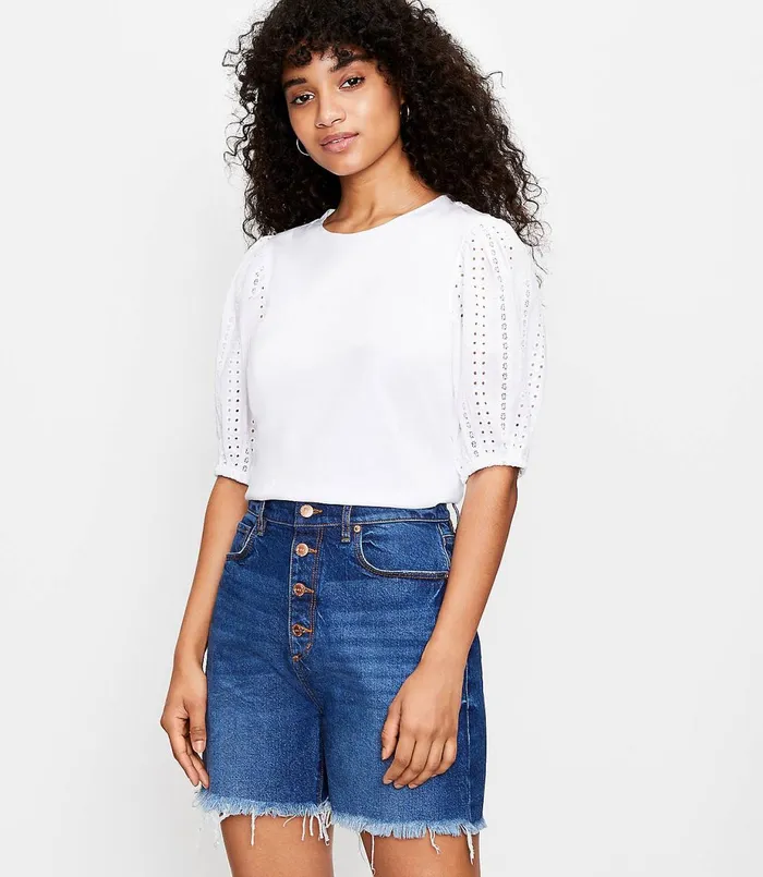 LOFT Eyelet Puff Sleeve Top White Women Loungewear