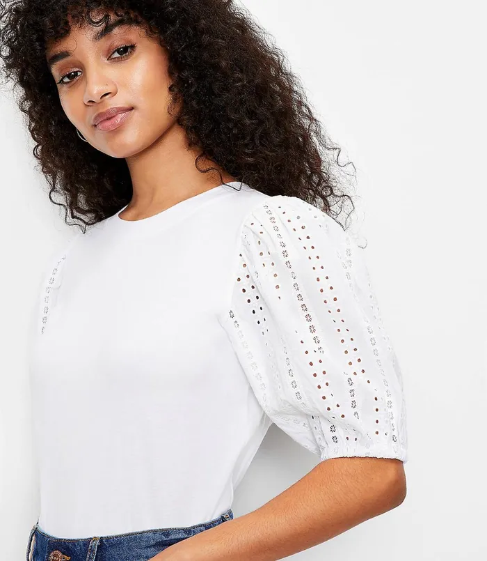 LOFT Eyelet Puff Sleeve Top White Women Loungewear