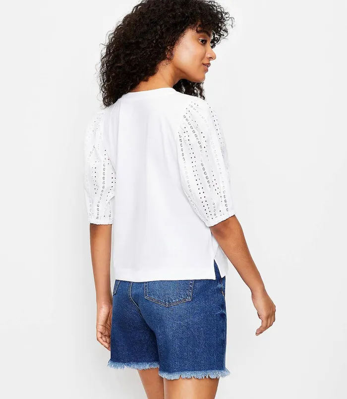 LOFT Eyelet Puff Sleeve Top White Women Loungewear