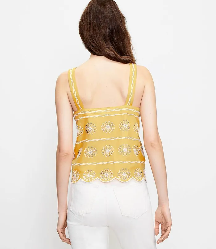 LOFT Floral Embroidered Square Neck Cami Mineral Yellow Women Tops