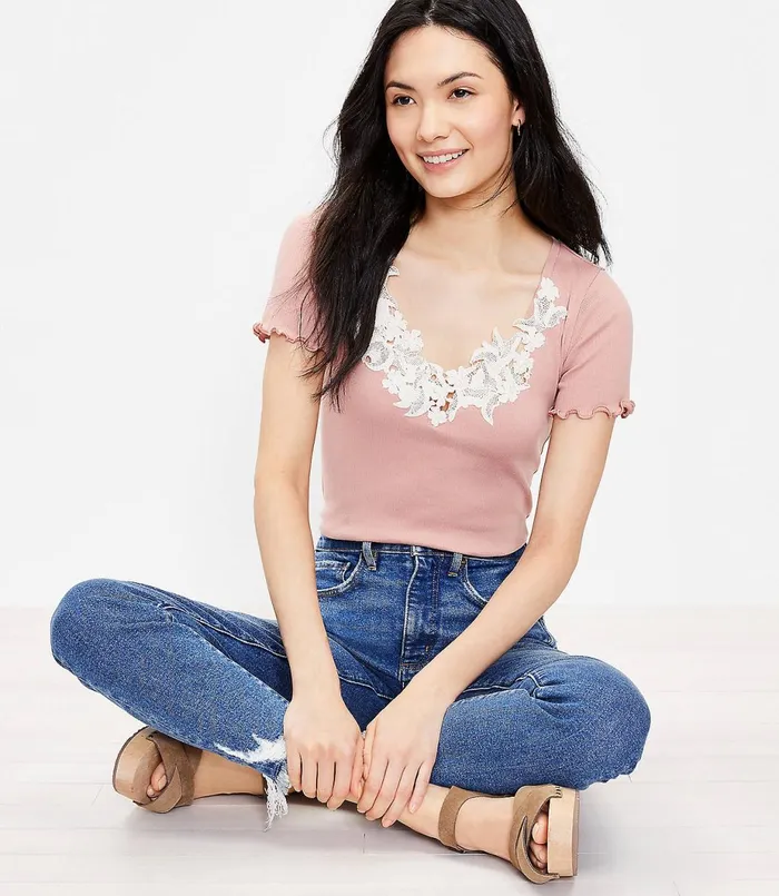 LOFT Floral Lace Trim Tee Light Pebble Women Loungewear