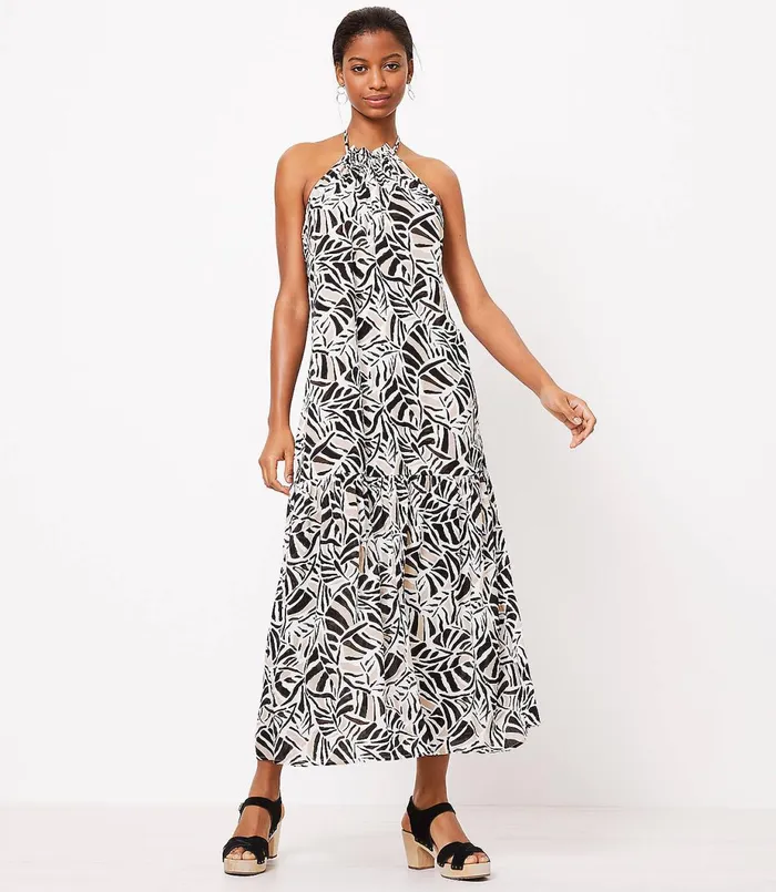 LOFT LOFT Beach Leafed Halter Ruffle Maxi Dress White Women Work Dresses