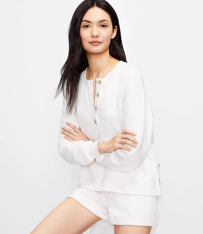 LOFT Lou and Grey Cozy Cotton Terry Henley Sweatshirt Whisper White Women Loungewear LOFT Lou and Grey Cozy Cotton Terry Henley Sweatshirt Whisper White Women Loungewear