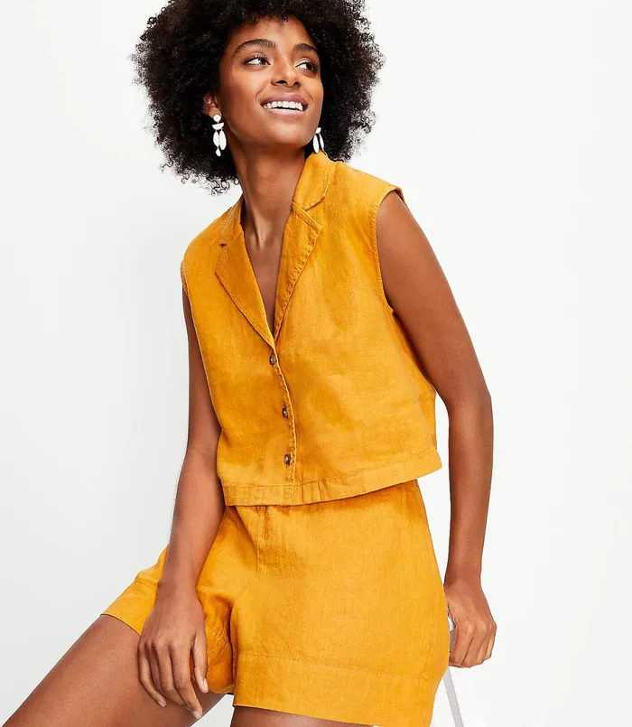 LOFT Lou and Grey Linen Cap Sleeve Shirt Golden Maple Women Tops