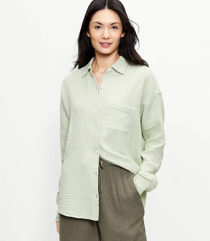LOFT Lou and Grey Triple Cloth Tunic Shirt Green Sapling Women Loungewear