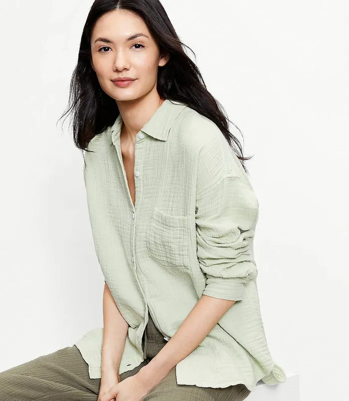 LOFT Lou and Grey Triple Cloth Tunic Shirt Green Sapling Women Loungewear