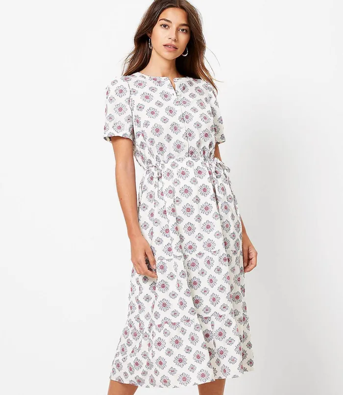 LOFT Medallion Side Tie Midi Dress White Women Swing Dresses