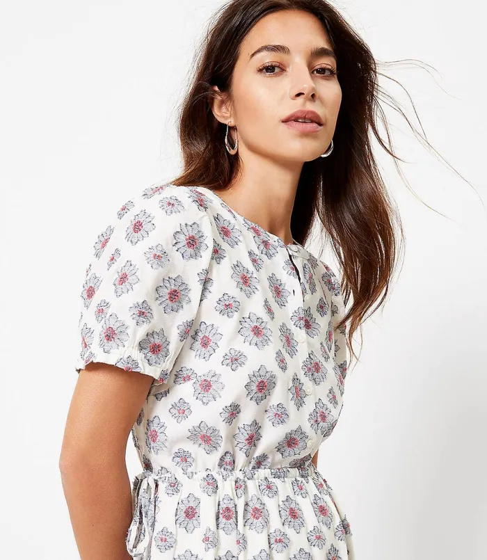 LOFT Medallion Side Tie Midi Dress White Women Swing Dresses