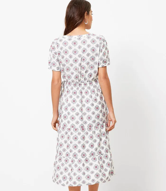 LOFT Medallion Side Tie Midi Dress White Women Swing Dresses