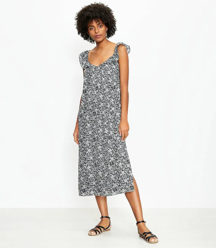 LOFT Palm Flutter Strap Pocket Midi Dress Black Women Little Black Dresses
