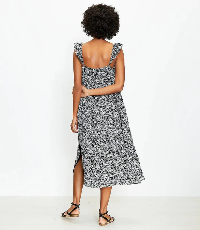LOFT Palm Flutter Strap Pocket Midi Dress Black Women Little Black Dresses