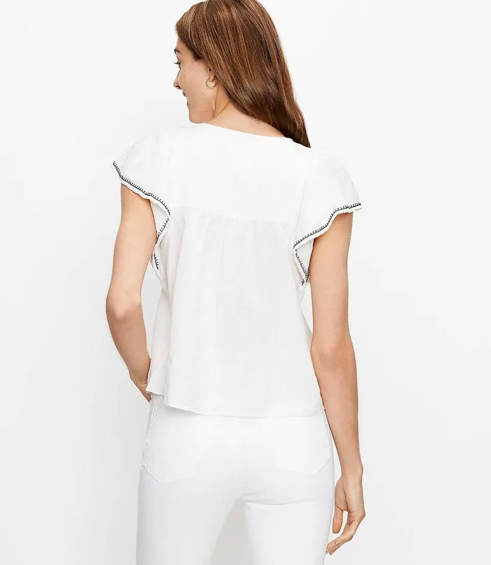 LOFT Petite Embroidered Tasseled Flutter Top Whisper White Women Petite Tops