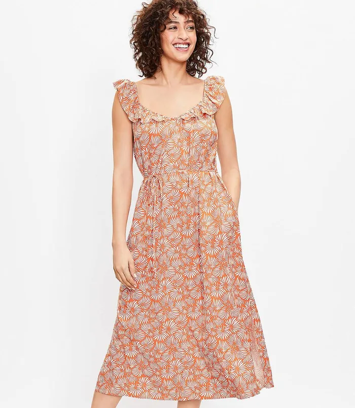 LOFT Petite Leafed Flutter Strap Pocket Midi Dress Rich Hazelnut Women Petite Dresses