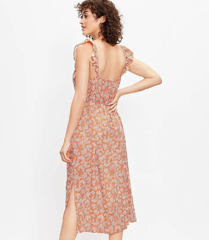LOFT Petite Leafed Flutter Strap Pocket Midi Dress Rich Hazelnut Women Petite Dresses