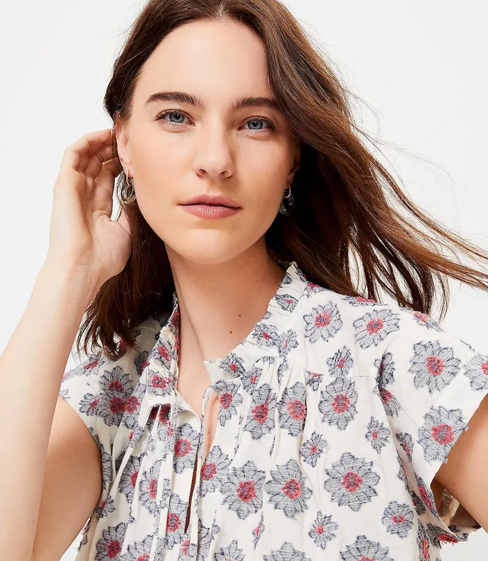 LOFT Petite Medallion Split Neck Top White Women Petite Tops