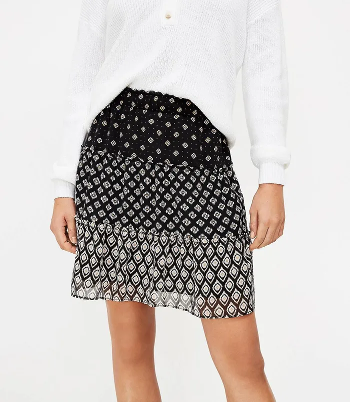 LOFT Petite Patchwork Tiered Pull On Skirt Black Women Petite Skirts