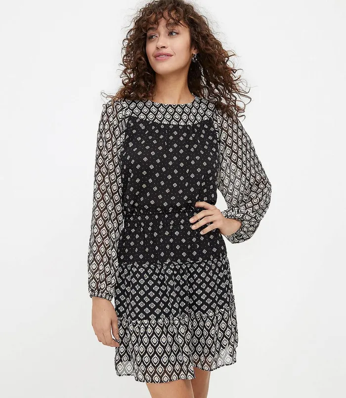 LOFT Petite Patchwork Tiered Pull On Skirt Black Women Petite Skirts