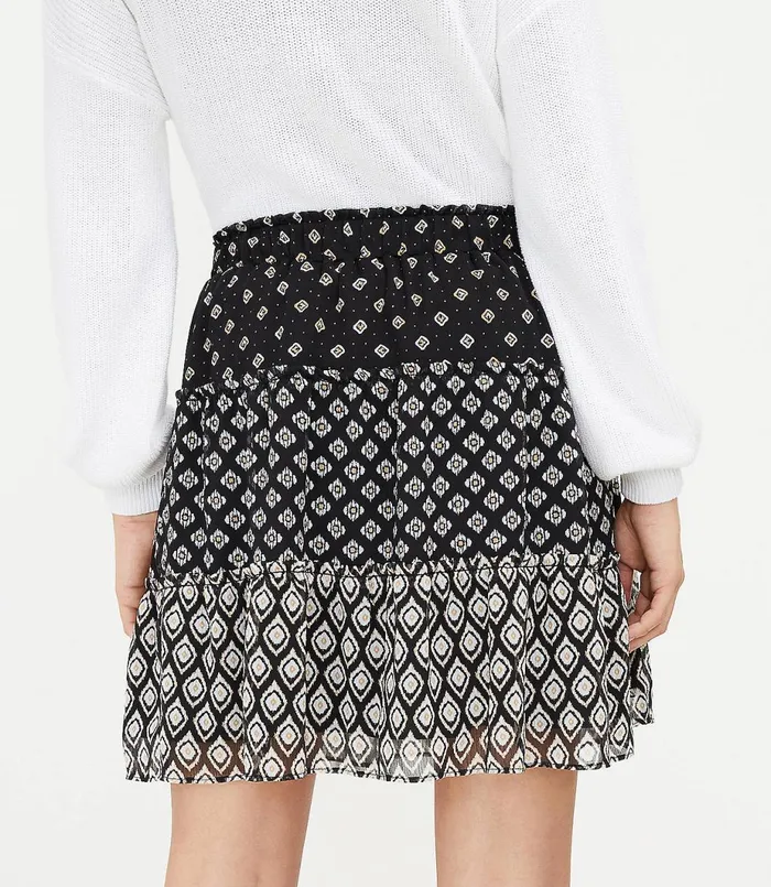LOFT Petite Patchwork Tiered Pull On Skirt Black Women Petite Skirts