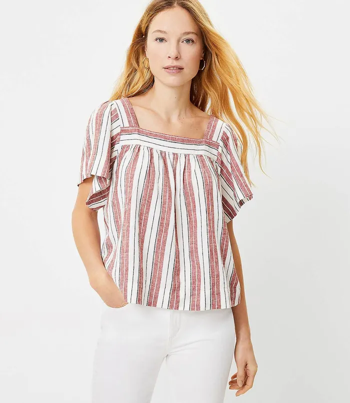 LOFT Petite Striped Square Neck Top Bossa Nova Red Women Petite Tops
