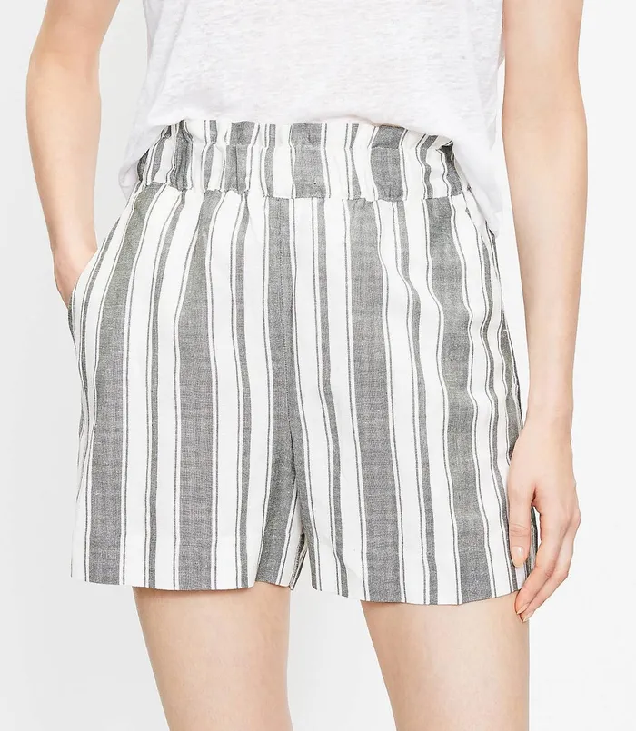 LOFT Pull On Shorts In Striped Linen Blend Neutral Multi Women Pants