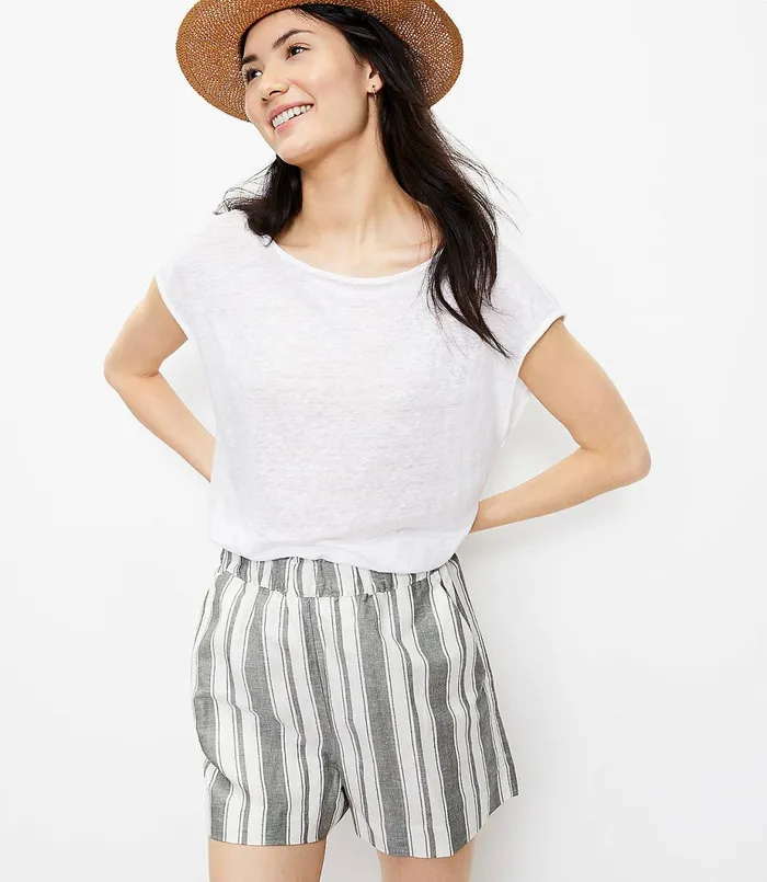 LOFT Pull On Shorts In Striped Linen Blend Neutral Multi Women Pants